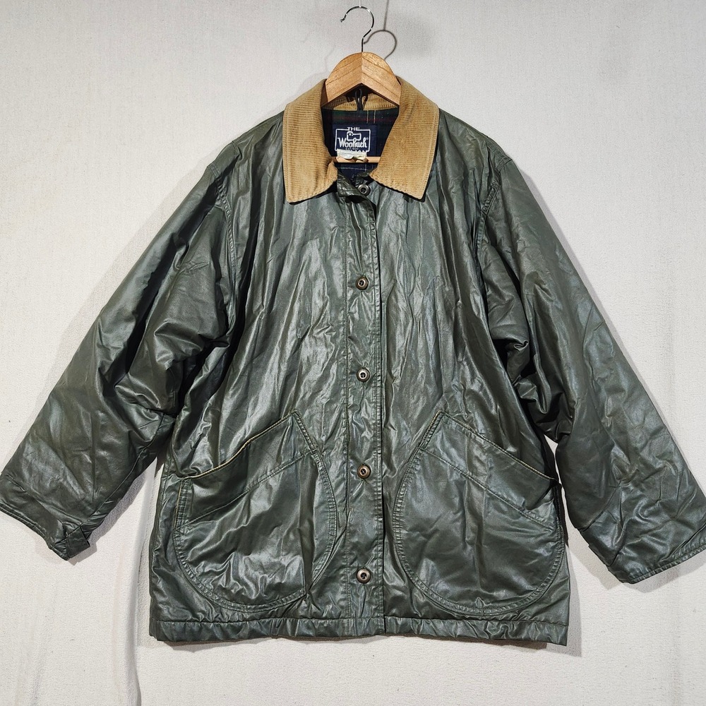 Woolrich Woman VTG Waxed Barn Jacket Olive Green Plaid Lined Corduroy Collar M